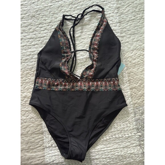 Cupshe NWT LG One Piece Black Low Plunge Halter Boho Open Back Y2K Paisley Trim - Picture 2 of 15
